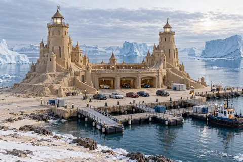 Pale sandcastle harbor with insulated garage galleries, a floating vehicle quay, cars and distant icebergs.