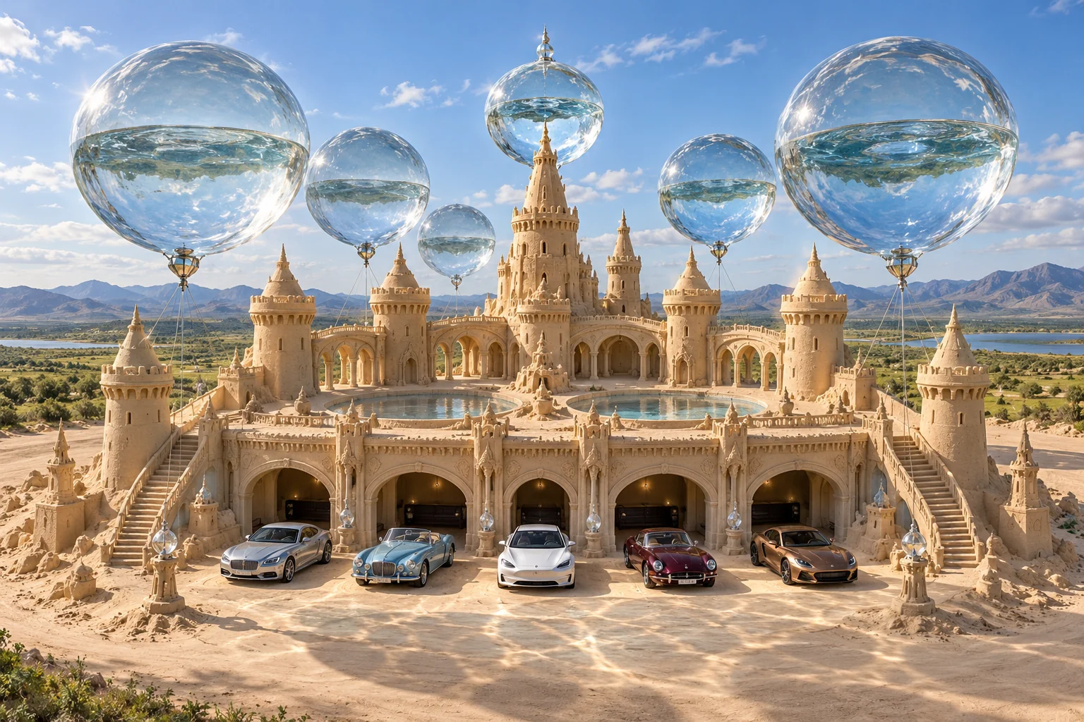 The Reservoir Crown, a sculpted sandcastle with show-car garages on pearlwater.