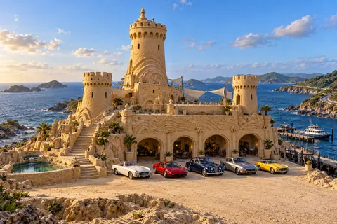 The Many-Harbor Bastion, a sculpted sandcastle with show-car garages on pelagia.