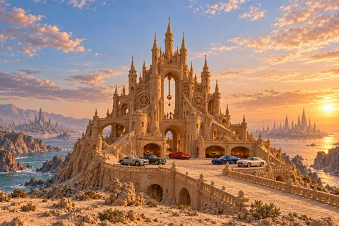 Château of the Patient Hour, a sculpted sandcastle on Pendulum, with realistic show cars in its motor court.
