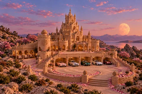 A rose-toned grainy sandcastle with petal-filled channels, garage arches, parked cars and a low warm moon.
