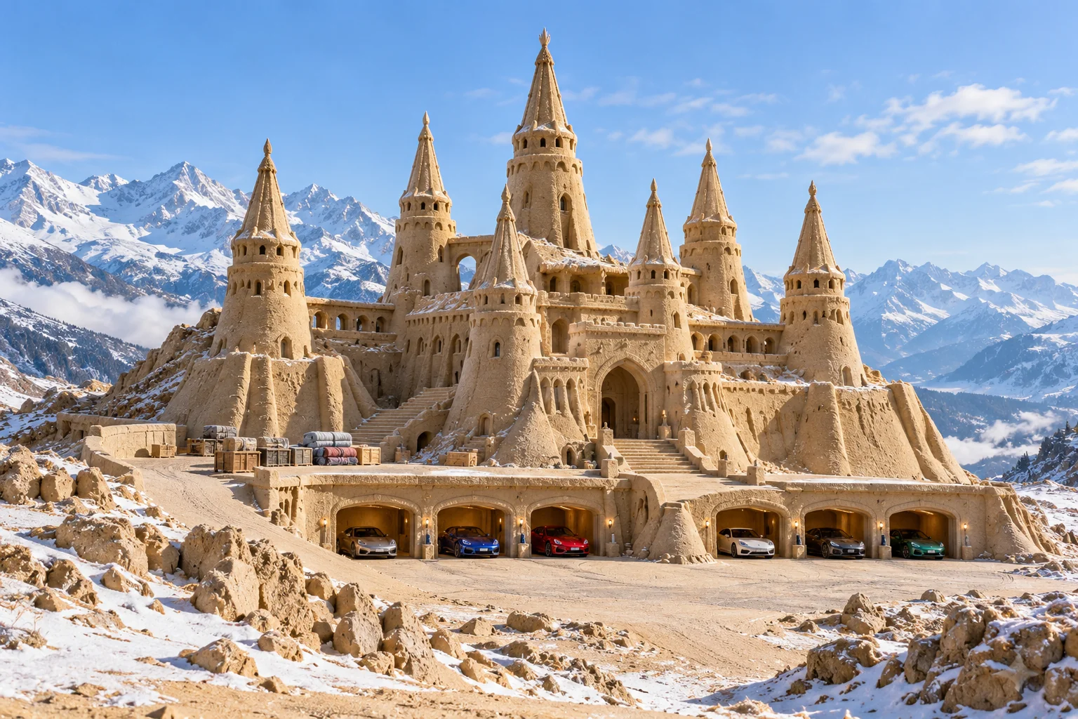 Crown-shaped frozen sandcastle with sheltered depot galleries, garage bays and cars below pale mountains.
