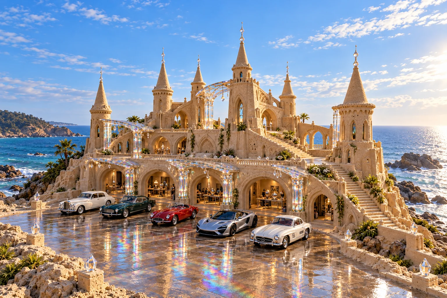 The Spectrum Court, a sculpted sandcastle with show-car garages on prismara.