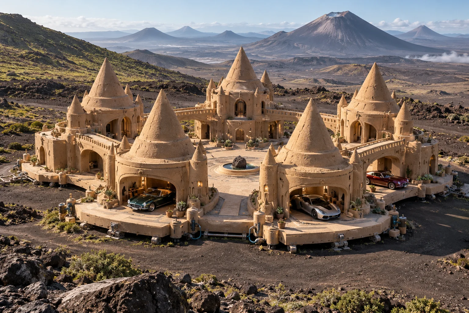 Wayfarer Crown, a sculpted-sand castle on Pyrrha with a show-car garage and architecture shaped by the world’s landscape.