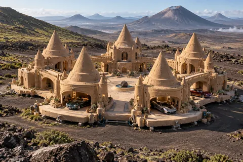 Wayfarer Crown, a sculpted-sand castle on Pyrrha with a show-car garage and architecture shaped by the world’s landscape.