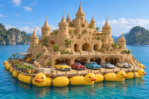 The Gentle Squeak Citadel, a sculpted sandcastle with show-car garages on quackwater.