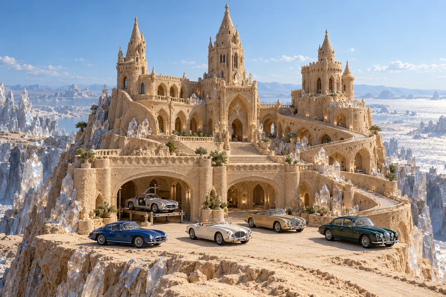 The Silver Descent Château, a sculpted sandcastle with show-car garages on quartzfall.