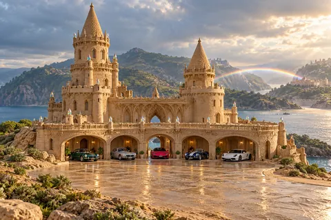 Two sculpted sandcastle towers around a car court beneath a faint rainbow bridge after rain.