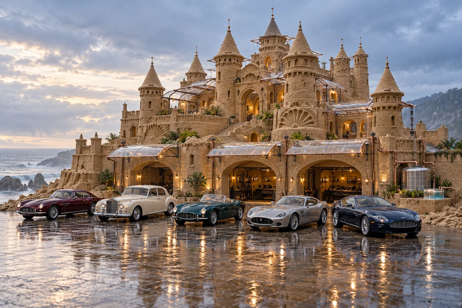 The Raincatcher Court, a sculpted sandcastle with show-car garages on rainhaven.