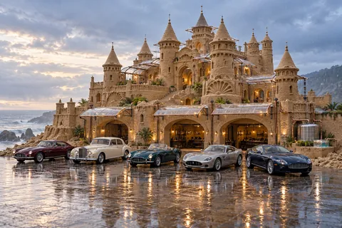 The Raincatcher Court, a sculpted sandcastle with show-car garages on rainhaven.