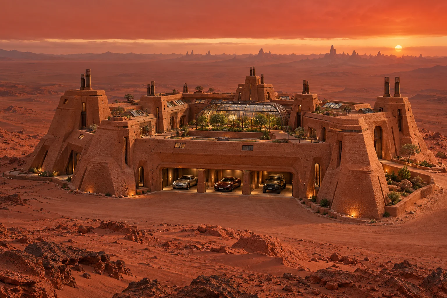 Rustlight Refuge, a sculpted-sand castle on Red Horizon with a show-car garage and architecture shaped by the world’s landscape.