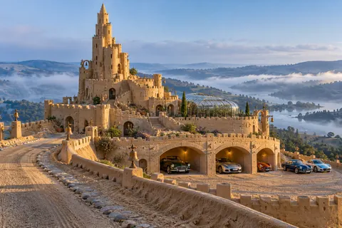 A grainy sandcastle with asymmetric towers, pebble paths, open garages and classic cars in cool blue morning light.