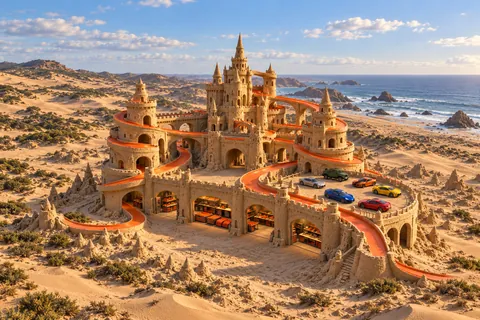 Golden sandcastle with orange track ramps, workshop garage bays and a collection of show cars.