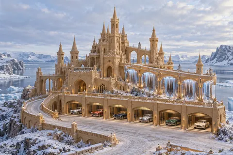 Granular sandcastle with sheltered ice curtains, clear-screened garages and classic show cars.
