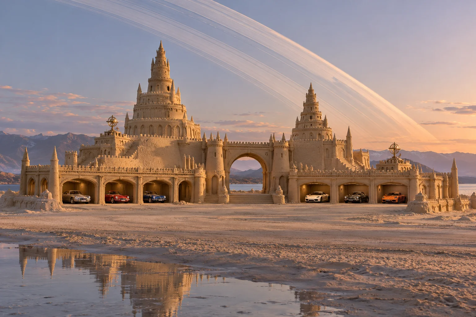 A sweeping low sandcastle with survey terraces and a long row of cars beneath immense faint planetary rings.