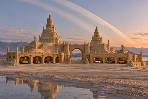 A sweeping low sandcastle with survey terraces and a long row of cars beneath immense faint planetary rings.