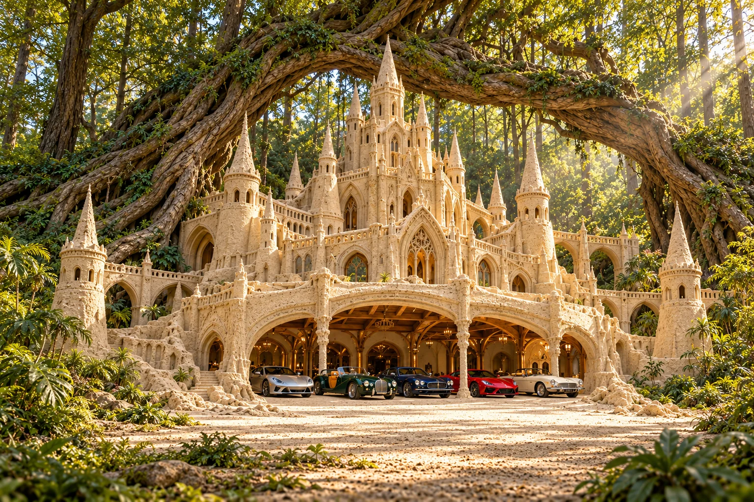 Château des Racines, a sculpted sandcastle on Rootbound, with realistic show cars in its motor court.