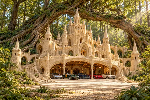 Château des Racines, a sculpted sandcastle on Rootbound, with realistic show cars in its motor court.