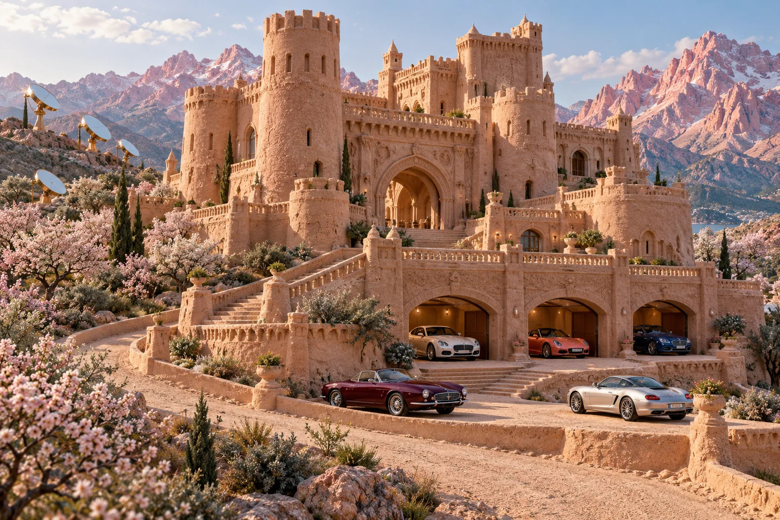 Orchardlight Bastion, a sculpted sandcastle with show-car garages on rosequartz.