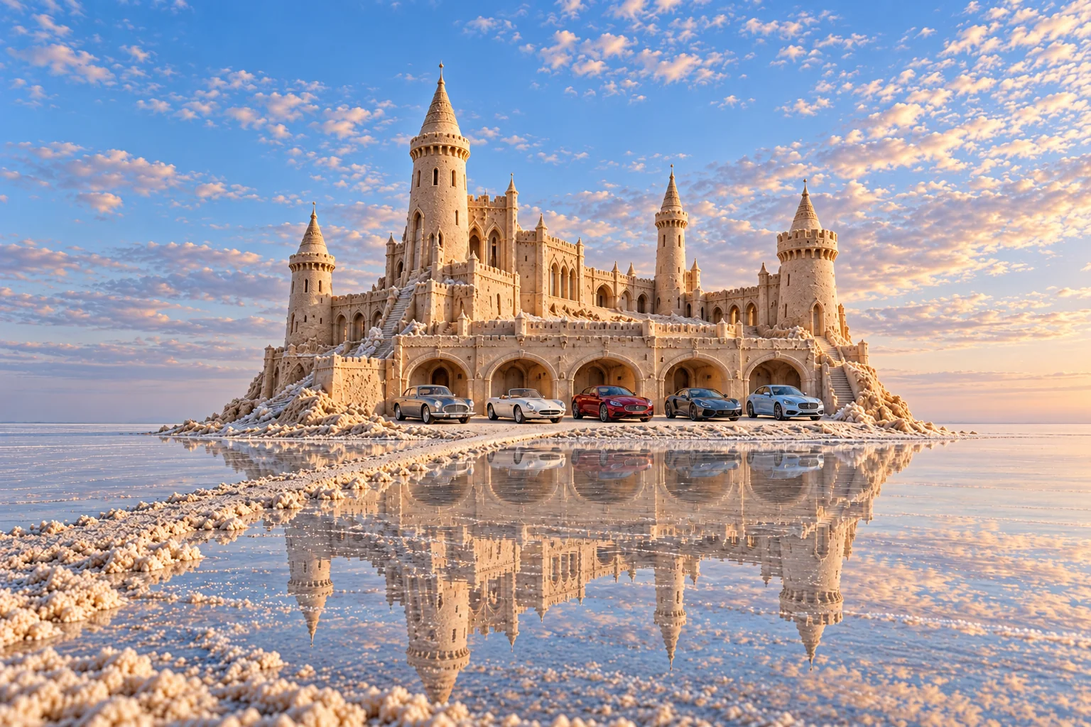 The Horizon Marker Keep, a sculpted sandcastle with show-car garages on saltglass.