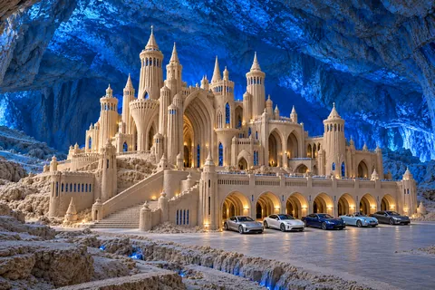 The Echo Chamber Citadel, a sculpted sandcastle with show-car garages on sapphire hollow.