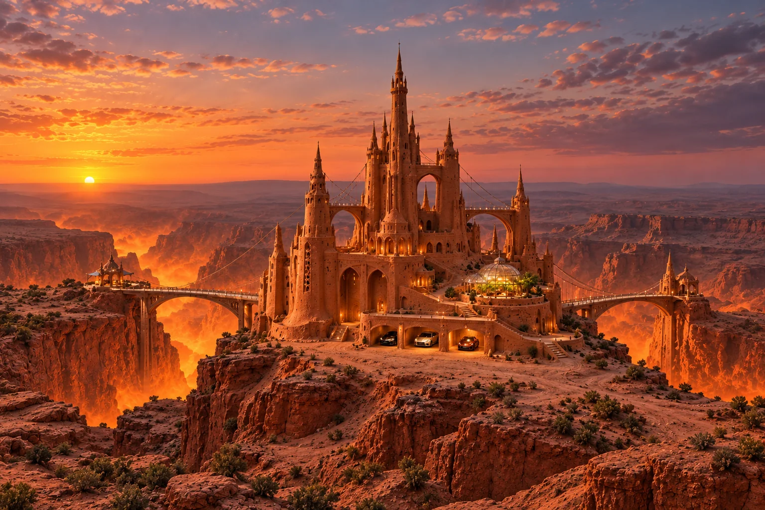 Spanlight Citadel, a sculpted-sand castle on Scoria with a show-car garage and architecture shaped by the world’s landscape.