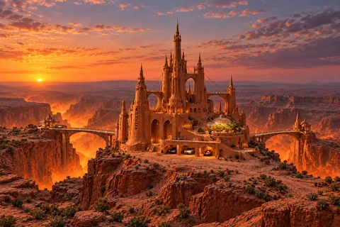 Spanlight Citadel, a sculpted-sand castle on Scoria with a show-car garage and architecture shaped by the world’s landscape.