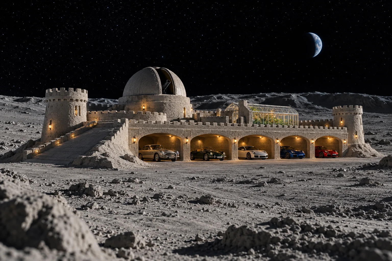 A low gray sandcastle on lunar terrain with a small observatory, shaded garage bays, cars and a star-filled sky.