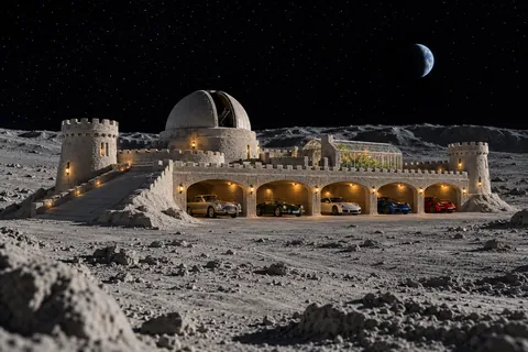 A low gray sandcastle on lunar terrain with a small observatory, shaded garage bays, cars and a star-filled sky.