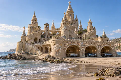 Tideshell Crown, a sculpted-sand castle on Shellspire with a show-car garage and architecture shaped by the world’s landscape.