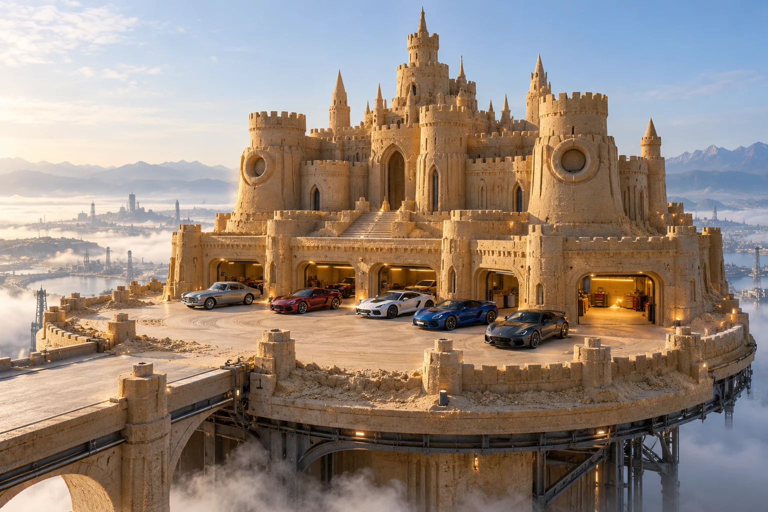 The Aurelian Berth, a sculpted sandcastle on Sky Foundry, with realistic show cars in its motor court.