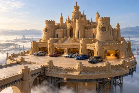 The Aurelian Berth, a sculpted sandcastle on Sky Foundry, with realistic show cars in its motor court.