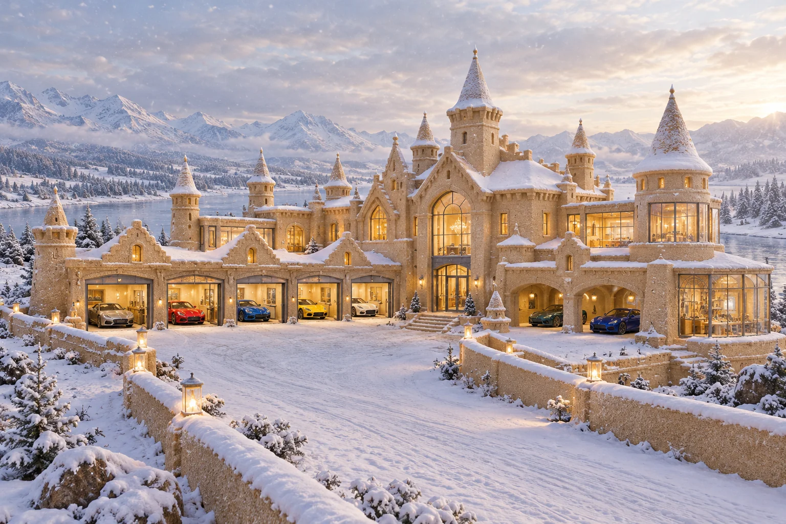 Snow-dusted sandcastle with warm glass-fronted garages, guide walls and parked show cars.