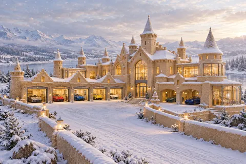 Snow-dusted sandcastle with warm glass-fronted garages, guide walls and parked show cars.