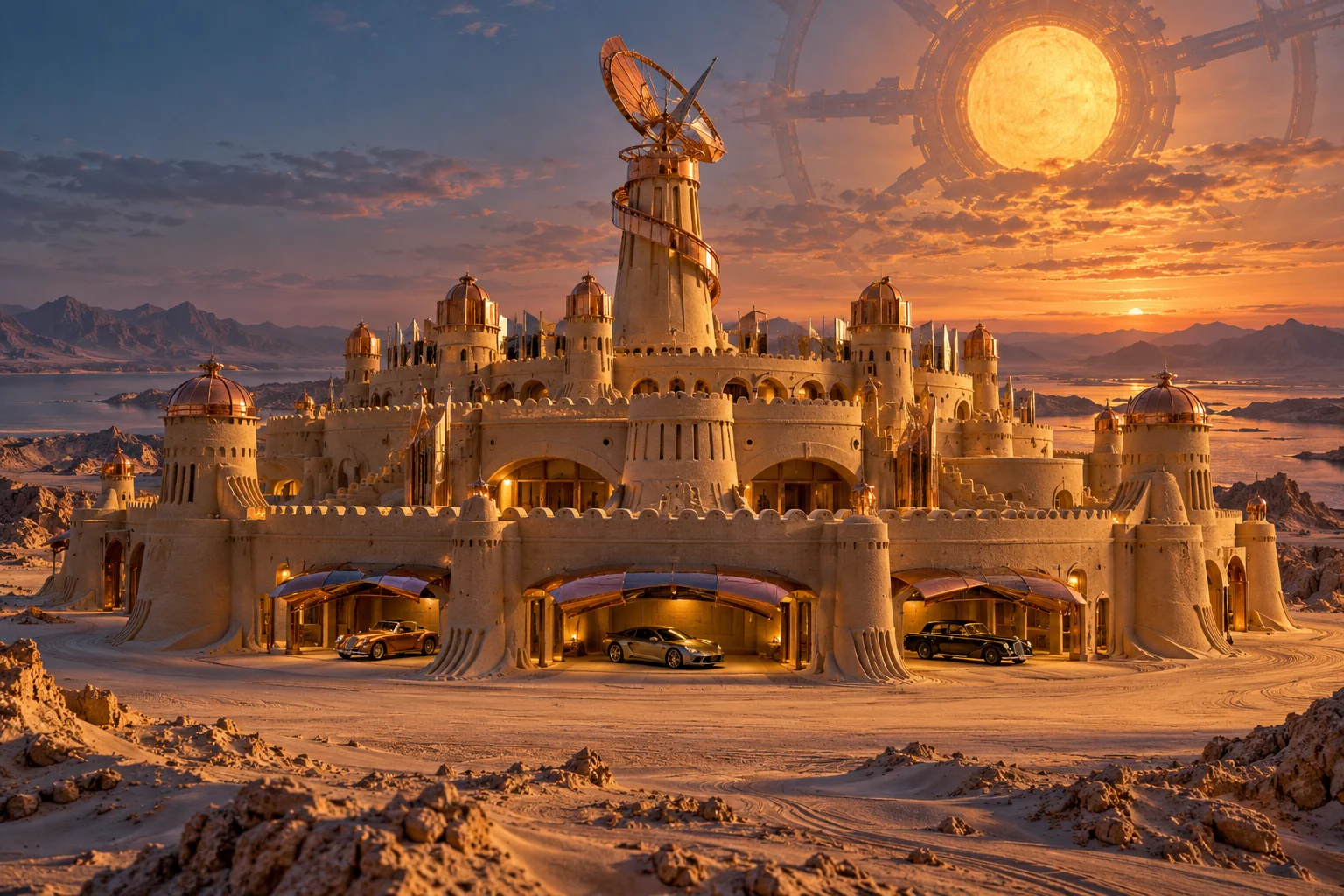 The Copper Sundial, a sculpted-sand castle on Solforge with a show-car garage and architecture shaped by the world’s landscape.