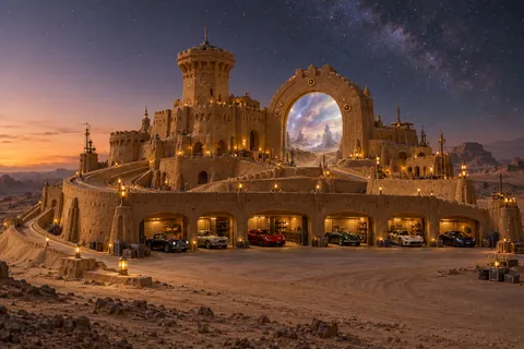 A layered sandcastle port with a large arrival arch, brass docking accents and cars in open repair bays.