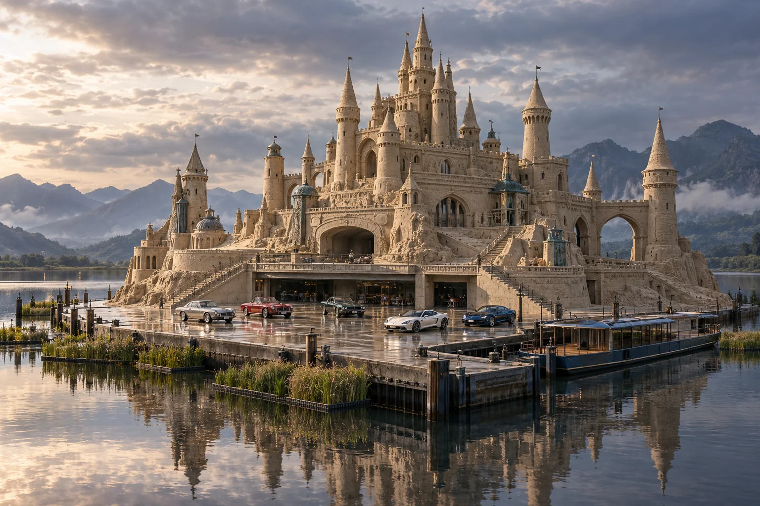 Château Reedhaven, a sculpted sandcastle on Steelwater, with realistic show cars in its motor court.