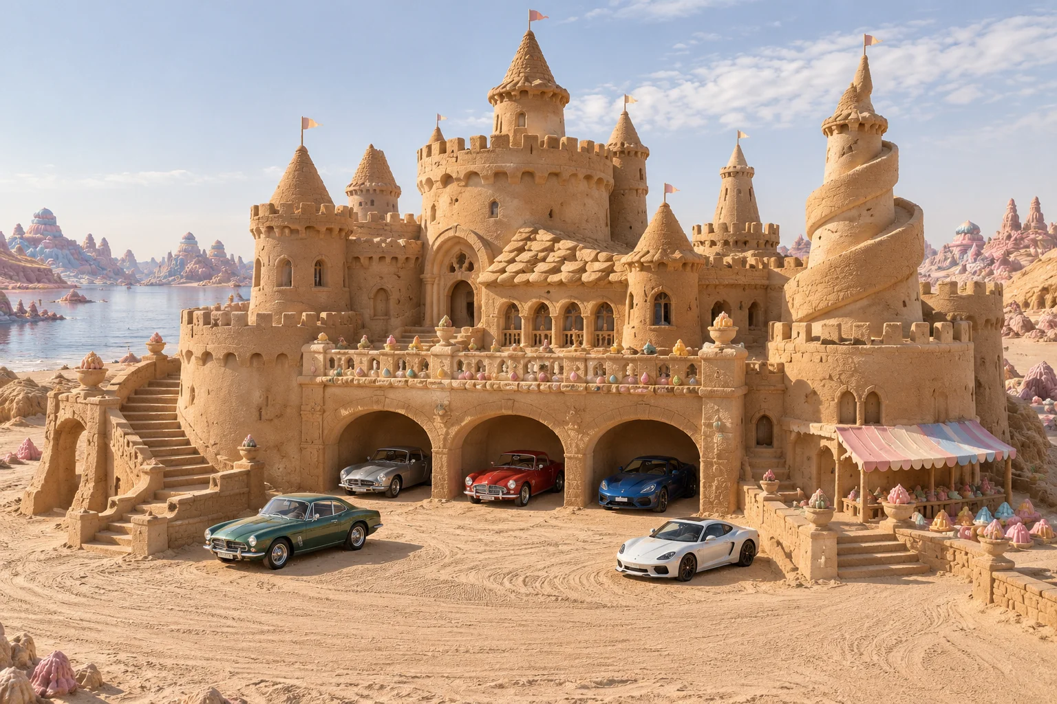 A sandcastle with rounded spiral turrets, delicate candy accents and five cars beside open workshop garages.
