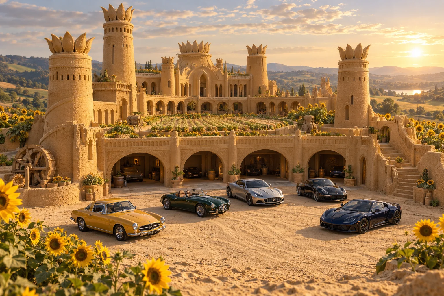 Château Hélianthe, a sculpted sandcastle on Sunflower Vale, with realistic show cars in its motor court.