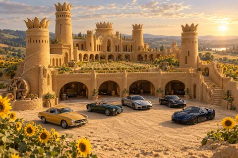 Château Hélianthe, a sculpted sandcastle on Sunflower Vale, with realistic show cars in its motor court.