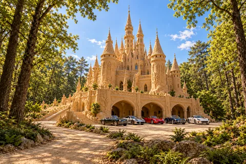 Château Sylvestrine, a sculpted sandcastle on Sylvara, with realistic show cars in its motor court.