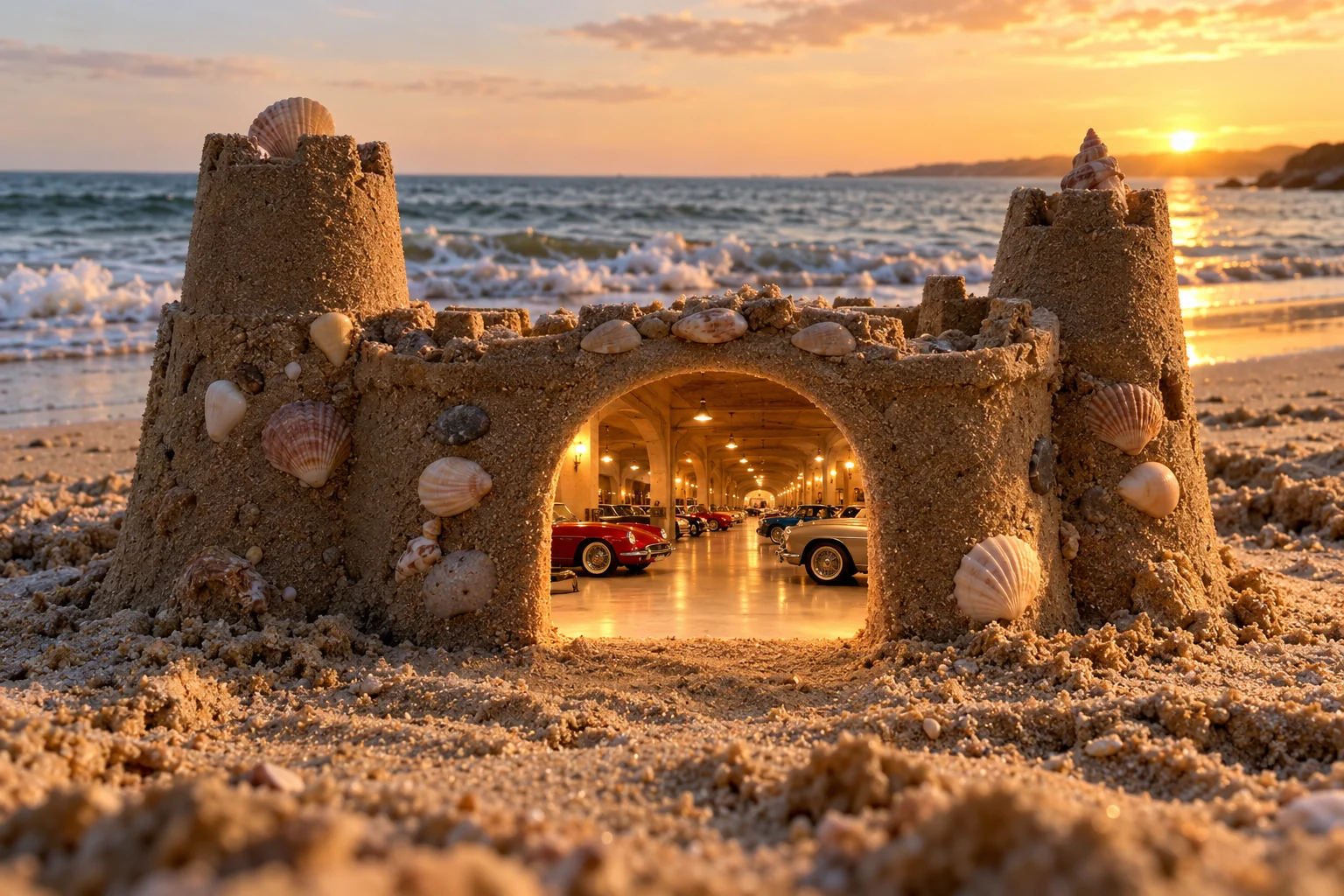 The First Castle, a sculpted-sand castle on The First Castle with a show-car garage and architecture shaped by the world’s landscape.