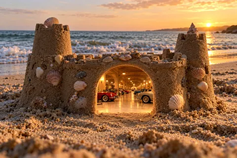 The First Castle, a sculpted-sand castle on The First Castle with a show-car garage and architecture shaped by the world’s landscape.