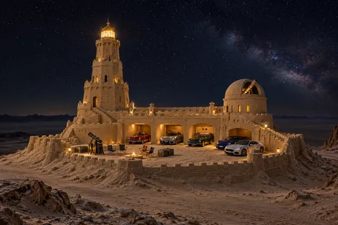 A remote sandcastle with one beacon tower, small observatory and cars in a warm forecourt under a deep starfield.