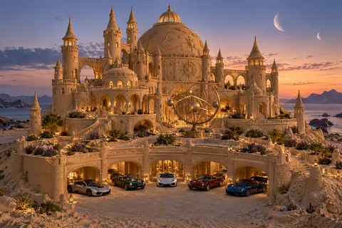 Château Astralabe, a sculpted sandcastle on The Orrery, with realistic show cars in its motor court.