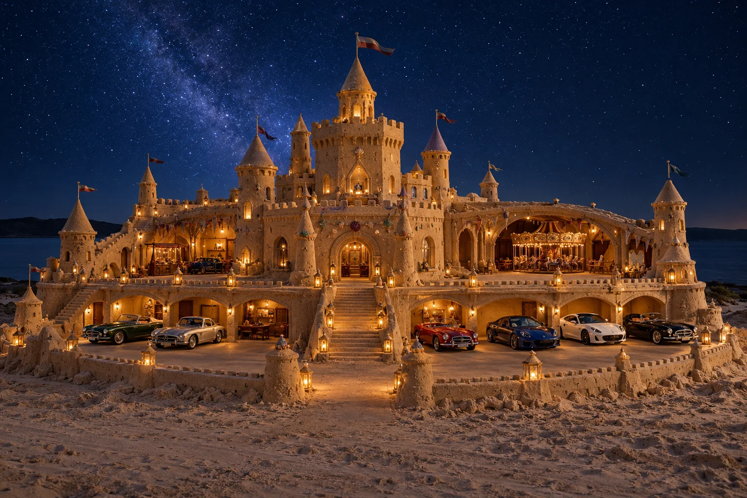 An irregular sandcastle with hexagonal keep, carousel workshop, warm lanterns and several cars beneath stars.