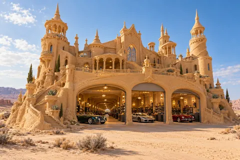 The Unending Garage, a sculpted-sand castle on The Sand Lots with a show-car garage and architecture shaped by the world’s landscape.