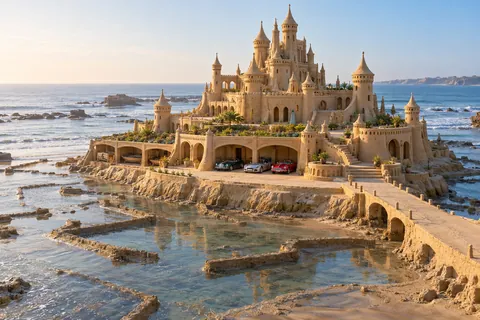 Highwater Keep, a sculpted-sand castle on Tidekeep with a show-car garage and architecture shaped by the world’s landscape.
