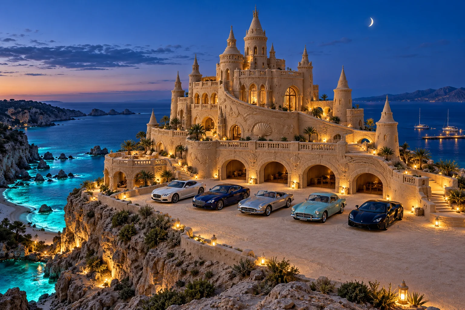 Moonwater Terrace, a sculpted sandcastle with show-car garages on tidelume.