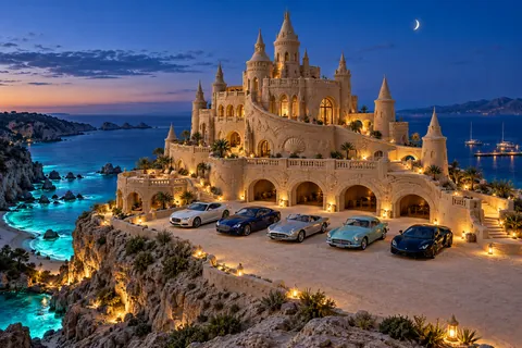 Moonwater Terrace, a sculpted sandcastle with show-car garages on tidelume.